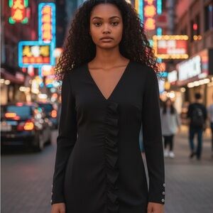 Zara TRF Ruffle Front Mini Dress Black Long Sleeve Daisy Rhinestone Cuffs Sz M